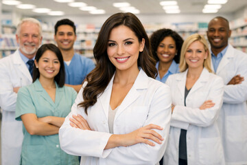 Fototapeta premium Diverse pharmacy team standing in modern pharmacy store. confident female pharmacist in front, pharmacy assistants healthcare staff, medical retail environment, professional healthcare group portrait