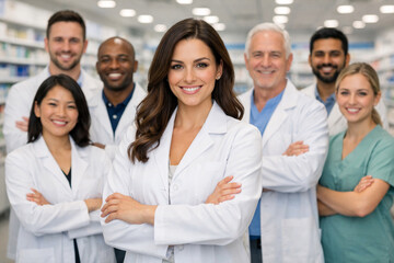 Fototapeta premium Diverse pharmacy team standing in modern pharmacy store. confident female pharmacist in front, pharmacy assistants healthcare staff, medical retail environment, professional healthcare group portrait