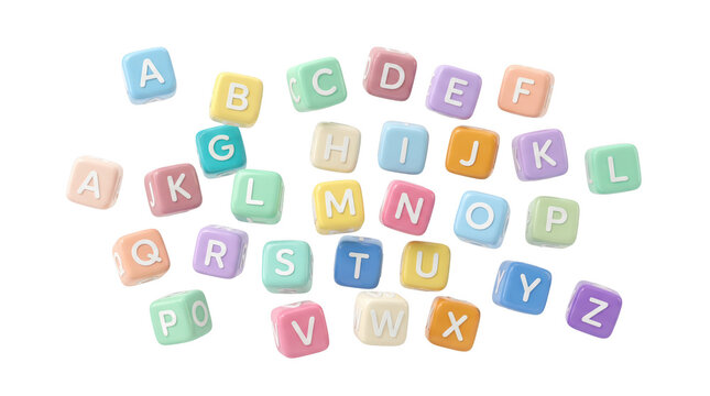 Colorful alphabet letter beads scattered isolated on transparent background