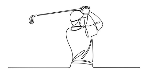 Continuous single line drawing of a male golf player swinging his club to hit the ball during a professional game in a sports tournament match Vector, illustration © D-Stocker2026