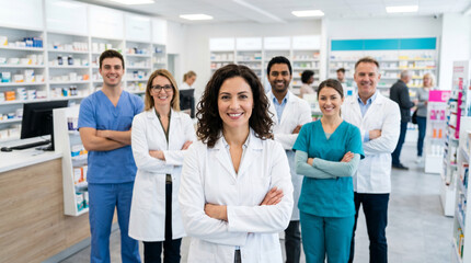 Fototapeta premium Diverse pharmacy team standing in modern pharmacy store. confident female pharmacist in front, pharmacy assistants healthcare staff, medical retail environment, professional healthcare group portrait