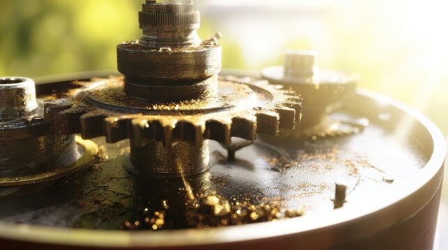 Intricate bronze clockwork with one rusted gear carefully extracted, remaining train spinning with renewed order in golden light