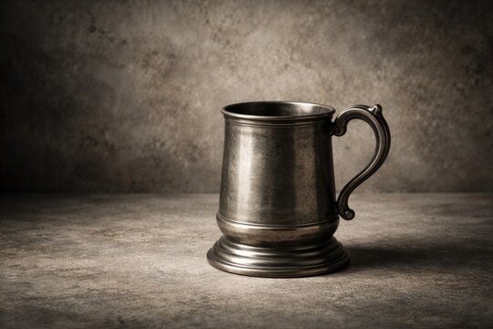 Vintage pewter cup against cement background with designated copy space