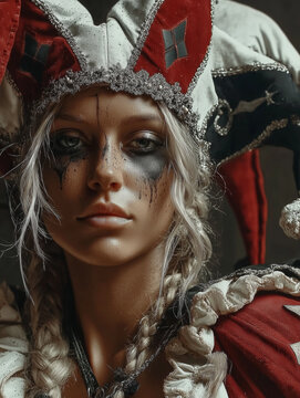 Vintage inspired harlequin woman portrait with dramatic eye makeup and ornate red jester costume in moody cinematic light.