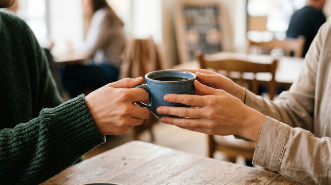 Man and woman holding blue ceramic mug with hot beverage in cafe. Couple sharing cup of coffee or tea. Concept of care, kindness, communication, romance and relaxation in coffee shop setting.