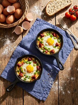 Two rustic cast iron skillets on wooden table with linen, baked eggs, chorizo and green peppers for delicious breakfast.