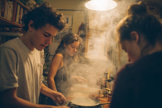 friends cooking together in small shared apartment kitchen, flour dust floating. Co-living cooking chaos, housemates baking, messy teamwork fun. candid house sharing moment. Coliving apartments.
