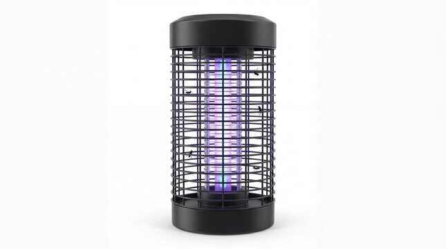 Electric bug zapper device with purple ultraviolet light tube featured in this studio photo on white background