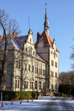Schoenborn Palace in Chynadiyevo Ukraine is a nineteenth century French inspired castle surrounded by park and lake, now functioning as Karpaty sanatorium and attracting tourists with historic archite