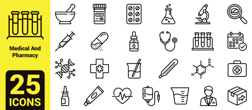 Medical and Pharmacy Icon Set featuring Medicine Bottles, Pills, Microscope, DNA Helix, Stethoscope, Syringe, First Aid Kit, Lab Equipment, Heart Rate, and Healthcare Symbols.