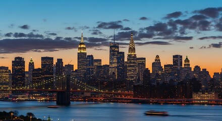 Obraz premium Illuminated cityscape with iconic skyscrapers and a bridge at dusk