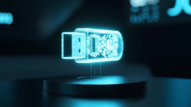Futuristic USB Drive Hologram Displayed on Pedestal.