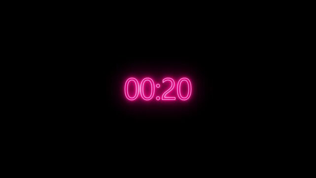 Digital neon timer counting up to one minute on black background, motion graphics footage.