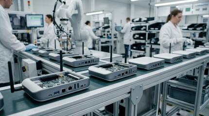 Fototapeta premium Medium shot of compact multiprotocol IoT gateways assembled in a smart building manufacturing line highlighting precision electronics and sleek design.