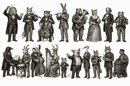 Victorian Orchestra Animal Musician Pack with Antique Engraving Style, Full Body Animal People, Period Costumes, Whimsical Figures, Monochrome Line Art and Vintage Storybook Design Elements