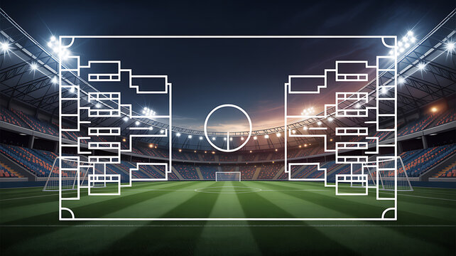Soccer tournament bracket template with stadium background. An imaginary soccer stadium is modelled and rendered.

