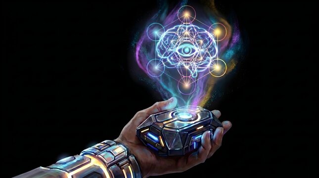 Cybernetic Hand Holding Futuristic Device Emitting Holographic Mind Eye