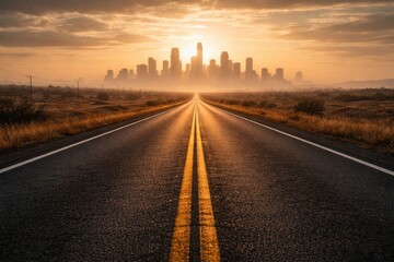 Fototapeta premium Straight asphalt surface road approaching silhouetted buildings far away