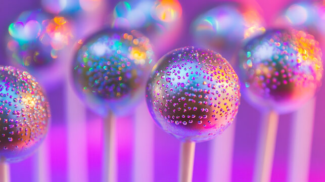 Abstract close-up view of shimmering iridescent cake pops with sugar coated iridescent shimmering confectionery celebration colorful sparkling