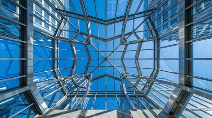 Fototapeta premium Low angle view of modern glass skyscraper ceiling representing corporate transparency and future business growth