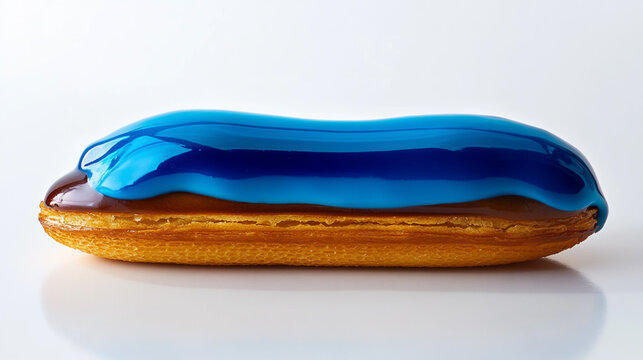 Fresh baked eclair pastry with blue glaze icing isolated on white background sugar coated oven baked isolated background delicious confectionery