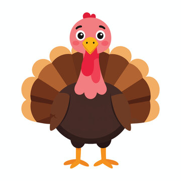 A cartoon turkey stands proudly in a farm setting with feathers spread.