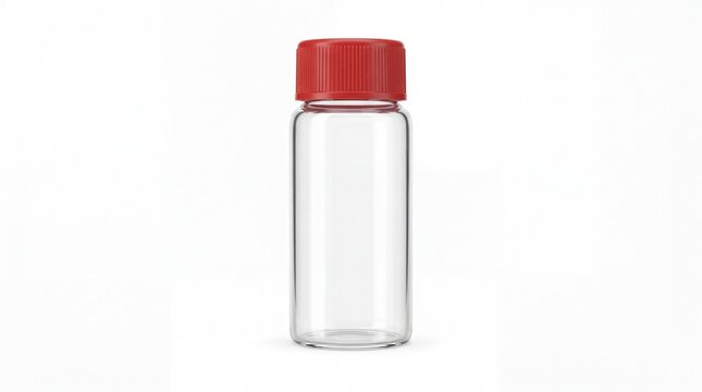 Clear empty glass pharmaceutical vial with a bright red screw cap presented on white background