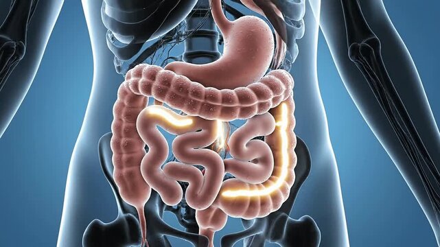 Highly Detailed 3D Anatomical Illustration Of The Human Digestive System With Focus On Stomach And Intestines Set Against A Gradient Background For Medical Education