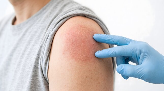 Close-up of a doctor in blue gloves pointing at a red circular skin rash on a male patient shoulder. Diagnosis of ringworm, allergy, or eczema. Professional dermatology medical examination