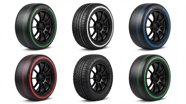 Collection of diverse automotive wheels featuring different tread patterns and colored sidewall stripes on white background