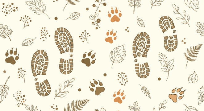 Seamless pattern featuring human footprints, animal paw prints, and various forest leaves in warm earth tones.