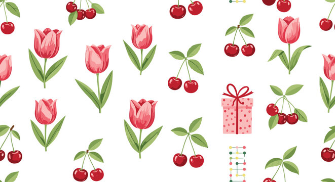 Charming seamless pattern with pink tulips and red cherries interspersed with small pink gift boxes on a clean background.