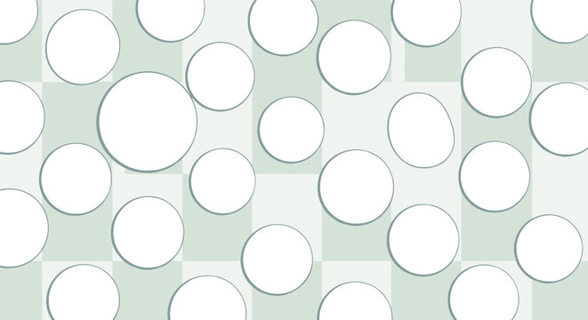 Abstract geometric pattern of white circles arranged on a light green and gray checkered background with subtle drop shadows.