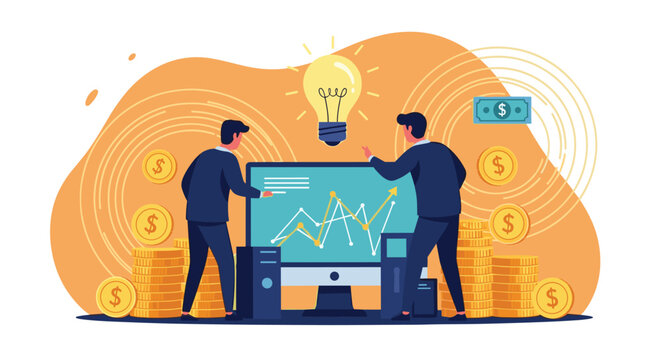 Business illustration of two professionals analyzing financial charts and data on a large computer screen with gold coins.