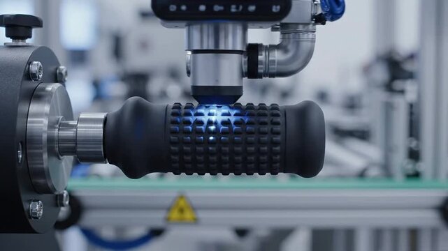 Robotic Arm Inspecting Texture of Molded Rubber Grips in High-Tech Industrial Setting