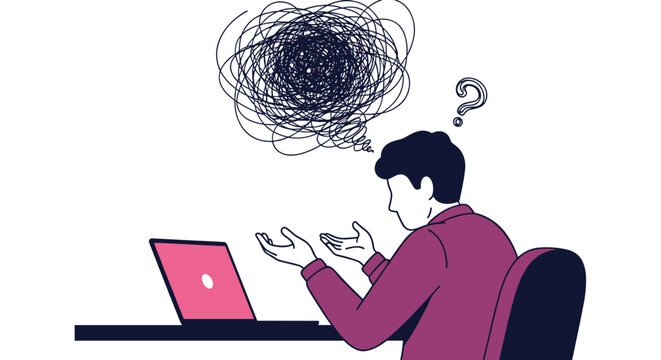 Illustration of a man sitting at a desk looking confused and stressed while working on his laptop with a doodle cloud.
