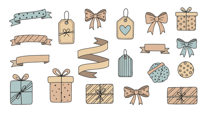 Vector set of cute hand-drawn gift accessories featuring various ribbons, bows, gift tags, confetti, and decorative elements for holiday celebrations, birthdays, and festive events.