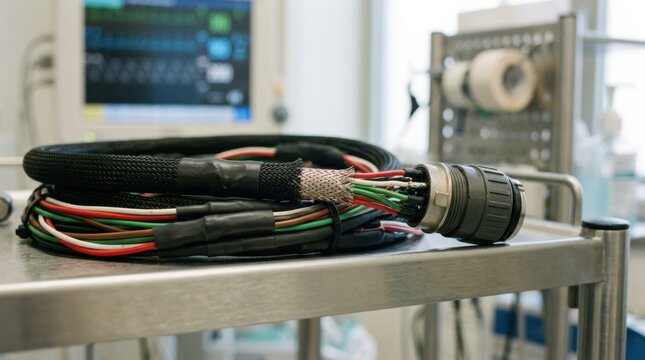 Medium shot showing shielded patient monitoring cable harnessing focusing on careful bundling and termination ensuring electromagnetic interference protection and durability.