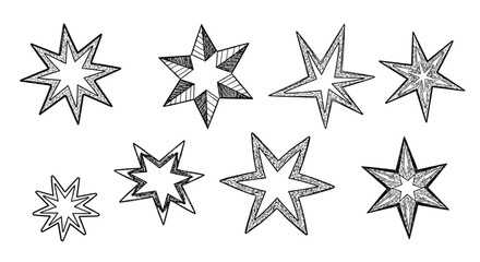 Obraz premium Collection of hand-sketched six and eight-pointed stars with different shading and stippling textures on a plain white background.