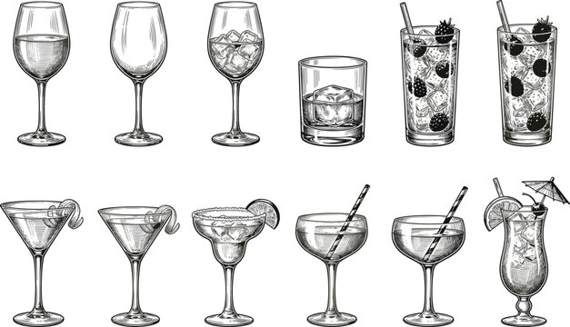 Vintage Hand Drawn Cocktail Glass Collection with Wine Whiskey Margarita and Tropical Drinks Illustration Set for Bar Menu Design