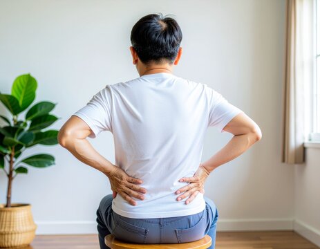 リビングでスツールに座り、腰の痛みや疲労を感じて両手で腰を強く押さえるTシャツ姿の男性の後ろ姿。健康・ヘルスケア