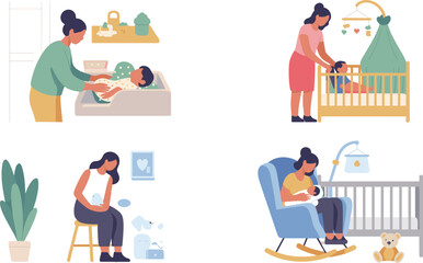 Fototapeta premium Vector Character Set of Mother Caring for Infant Baby Including Diaper Changing Breastfeeding Rocking Chair and Putting to Bed in Nursery Room