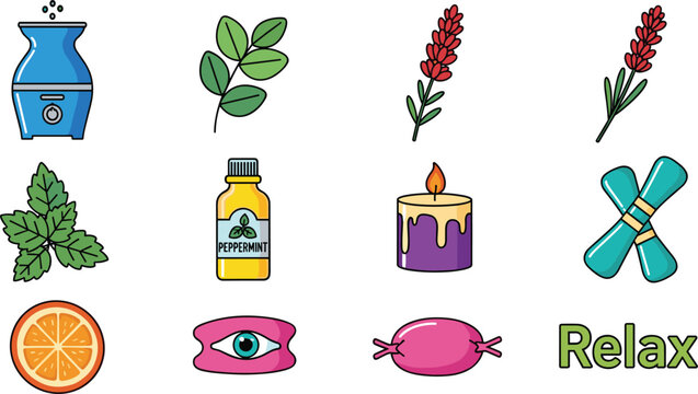 Set of Twelve Aromatherapy and Relaxation Vector Illustrations Featuring Essential Oils, Herbs, Candles, Eye Mask, Citrus, Yoga Mat, and Wellness Symbols