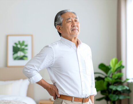 明るい部屋で急な腰の痛みをこらえ、辛そうな表情で腰を押さえる白シャツ姿のシニア男性。健康・ヘルスケア