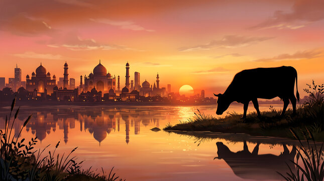 Silhouette of a cow grazing near a serene lake with a city skyline at sunset