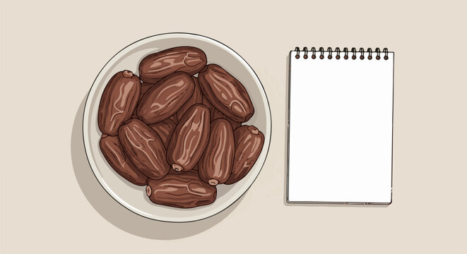 A bowl of dates sits next to a blank notepad, ready for notes