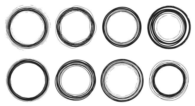 Collection of hand-drawn circular brush strokes and messy ink ring frames in a black and white sketch style for creative designs.