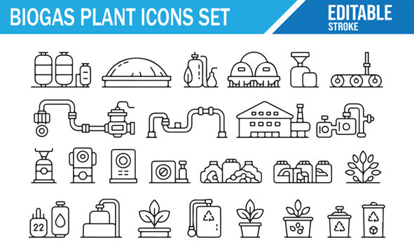 Biogas Production Icon Set with Farm Waste, Gas Storage and Eco Power