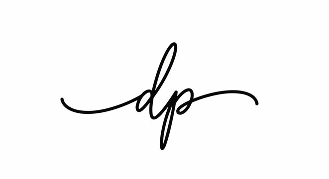 A black cursive lowercase 'dp' monogram is centered on a white background