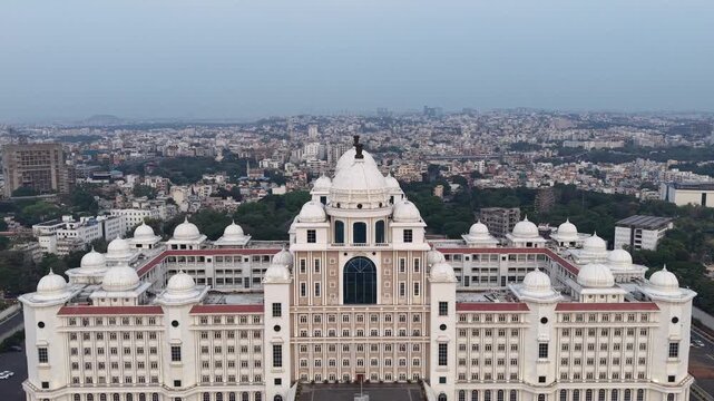 Aerial shot of Secretariat of Telangana in Hyderabad, India
